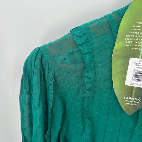 FARM RIO NWT Ruffled Long Sleeve Swiss Dot Blouse in Emerald // L - Picture 11 of 15